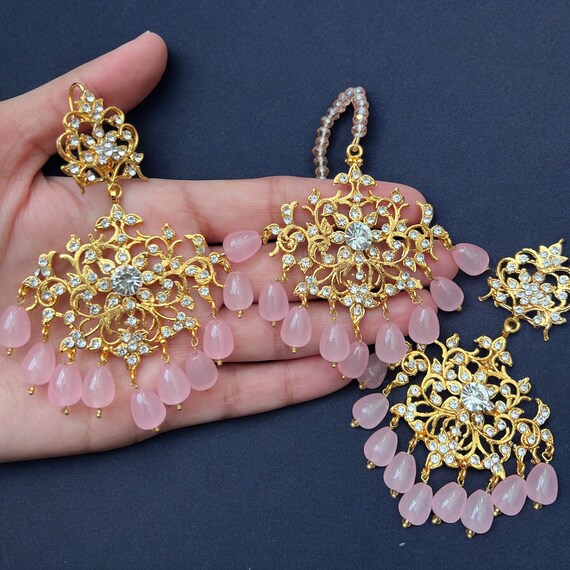 Conjunto Tikka rosa claro chapado en oro con pendientes joyeria paquistani joyeria punjabi joyeria hecha a mano joyeria india Etsy Mexico