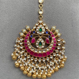 Oversized Paachi Kundan Tikka | Round Multicolor Bridal Maang Tikka | Gold Plated with Pearls, Ruby, Emerald Accents | Indian Wedding Jewel