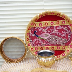 Karwa Chauth Thali Set with Peacock Embroidery, Traditional Gold & Red Decorated Pooja Thali, Channi, and Lotta for Karwachauth Rituals