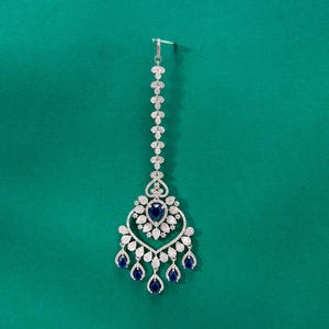 American Diamond Maang Tikka | Bridal Forehead Jewelry | CZ Stone Silver Tikka for Indian Weddings | Green Tikka | Ruby Tikka | Blue Tikka