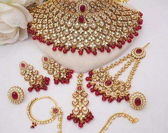 Bridal Red Kundan Polki Choker Necklace Set: Indian Wedding Jewelry