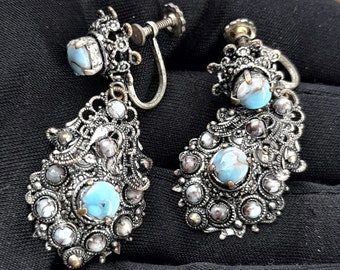 Türkis Ohrringe Tschechische Filigree c1930 Cabochons, Vintage baumeln Tropfen Ohrringe, Neiger Brothers, etwas Blau, Hochzeitsjuwel