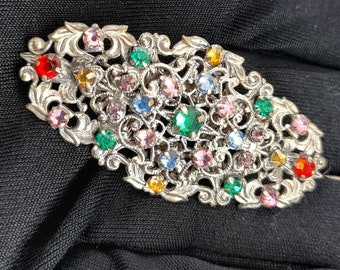 Silver Filigree Czech  Brooch  Rainbow Rhinestones Edwardian , Neiger Brothers Jewellery , Czech Jewellery ,  Antique Jewellery ,