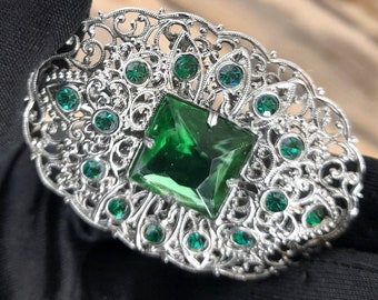 Emerald Silvered Czech Filigree Brooch  1920's , Neiger Brothers Jewellery , Czech Jewellery ,
