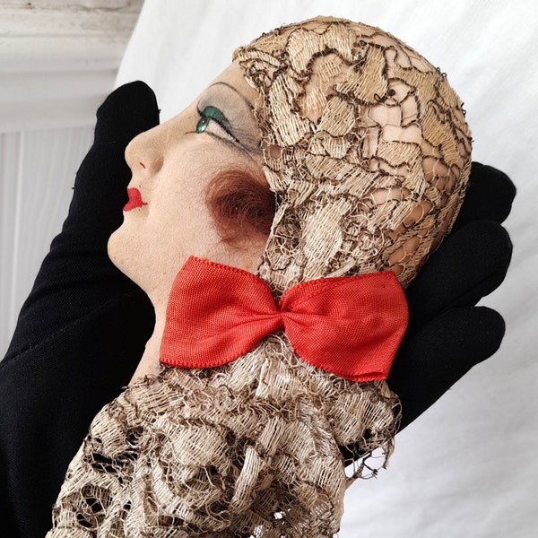 Visage profil clapet grande tête de poupée boudoir des années 1920 , Tête de poupée clapet , vanités boudoir , poupée boudoir associée ,
