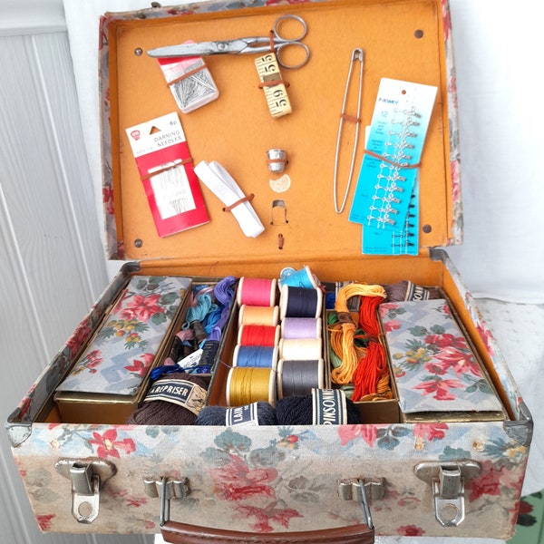 1940/50's Fabric Covered Sewing Suitcase and Contents , Vintage Sewing Supplies , Sewing Collectable , Sewing Gift ,