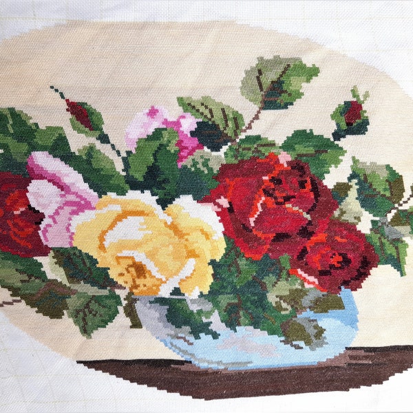 1950's Petit Point Panel Rose Bowl Tapestry Hand Sewn  , Roses ,