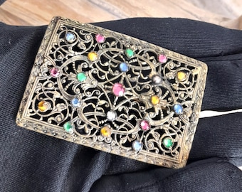 Number 317 Czech 1920's Large Filigree Brooch Rhinestones Signed , Czech Jewellery , Antique Jewellery , Neiger Brothers ,