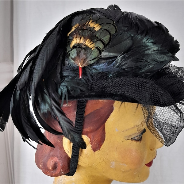 Feathers Black 1940's Tilt Perching Hat Consumer protection Label   , Wartime Fashions , 1940's Tilt Hat , 1940's Perching Hat ,