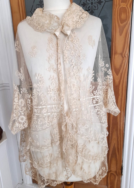 Antique Ecru Lace Cape Jacket Handsewn Detailing F