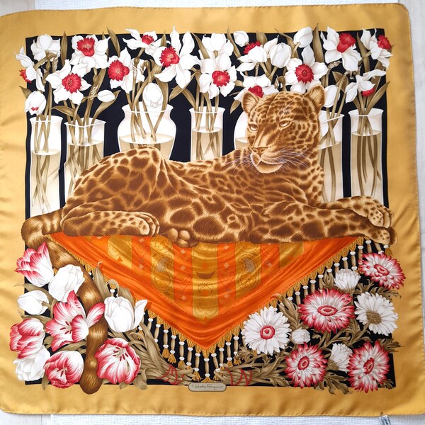 Jaguar Vintage Salvatore Ferragamo Silk Scarf Tulips Narcissi  1980's , Head Scarf , Foulard Soie ,