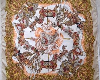 Carousel Horses Jodhpur Paris c1980's Silk Scarf Fawn , Head Scarf , Foulard Soie ,