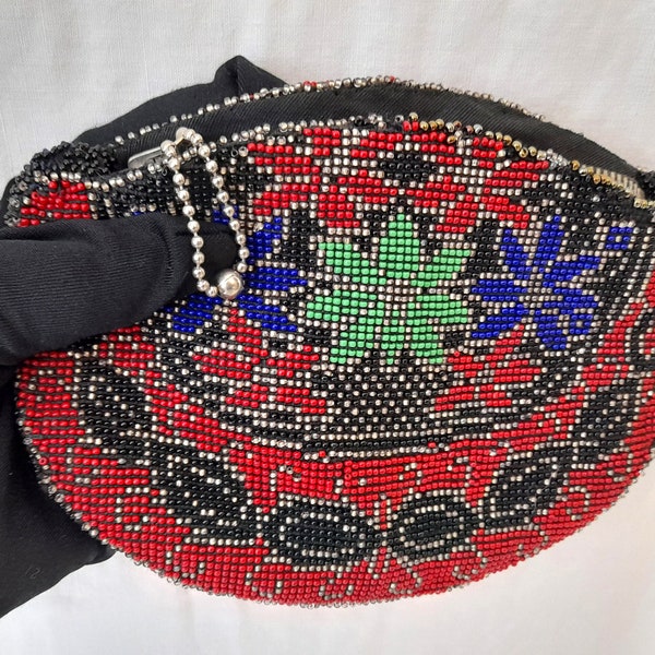 1940's Beaded  Evening Clutch Purse Art Deco Black Red Green Blue Hand Sewn  , WW2 Purse ,