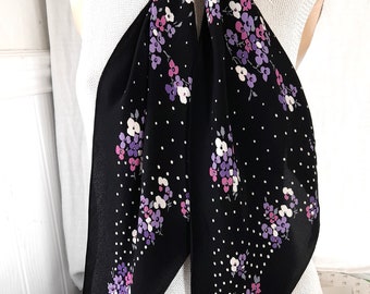 1930's Silky Rayon Black Floral Point End Scarf Polkadots , Head Scarf , Foulard Soie , Flapper Fashions ,