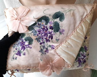 Antique French Silk Boudoir Lingerie Pillow Fold Handpainted Violets Pink Cream Pochette , Antique Boudoir Case , Antique Lingerie Case ,