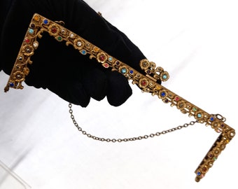 Jewelled Flowers Gilt Purse Frame 1920's Filigree Rainbow Rhinestones  , Antique Jewelled Purse Frame ,