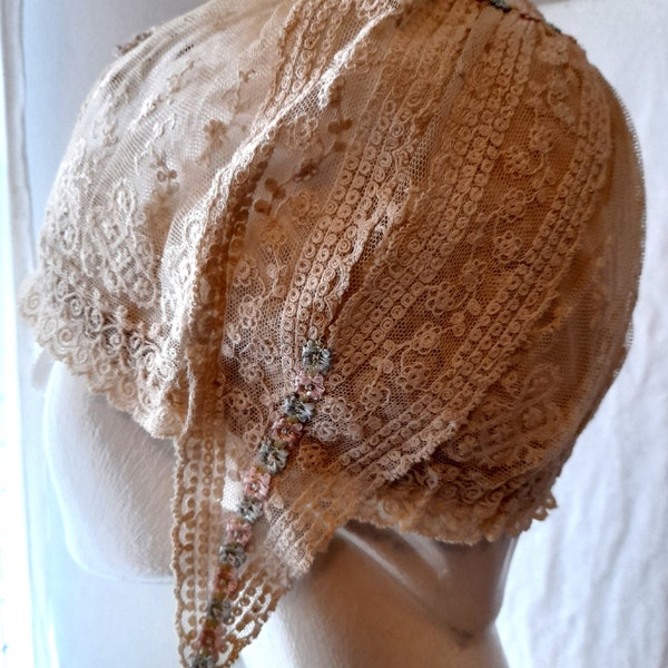 Pair Antique Tulle and Lace Boudoir Caps Handsewn Detailing Floral , Antique  Lace , Antique Nightwear , Antique Lingerie ,