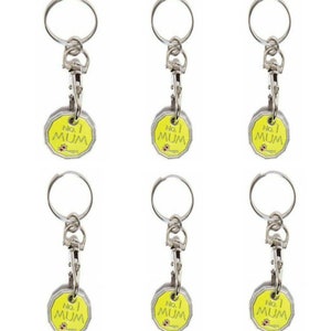 6pc 12 Edge Sided Trolley Token UK Pound 1 Coin Shopping Keyring Clasp Supermarket Locker Mothers Gift Cart Christmas party Filler No.1 Mum