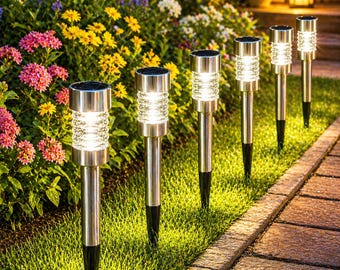 6 Pack Solar Pathway Lights, Stainless Steel Garden Stakes, White LED Bollard Top