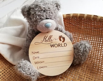 Geburtsanzeige Schild, Hello World Schild, Krankenhaus Willkommensschild Baby, Kinderzimmer Dekor, Namensschild, Hello World Karte, Holzschild