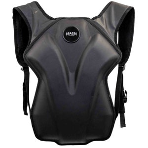 Black backpack style wearable bass with hardshell cover and controls located on the left shoulder strap