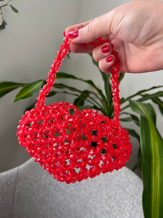 Handmade beaded heart shaped red mini bag / Bead h