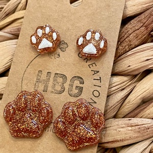 2 Pairs of Resin Stud Earrings | Small Orange Glitter Paw Prints with White Toes | Large Orange Paws  | Hypoallergenic Posts | Lightweight