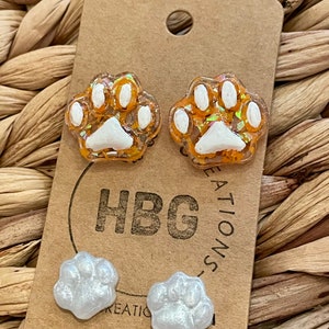2 Pairs of Resin Stud Earrings | Large Orange Glitter Paw Prints with White Toes | Small White Paws | Hypoallergenic Posts