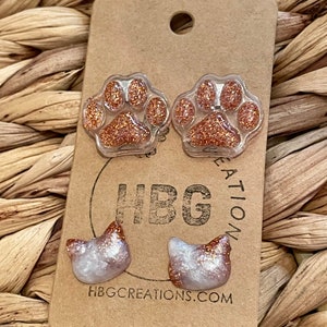 Resin Stud Earrings: Glitter Paw Prints & Sparkle Cat Heads