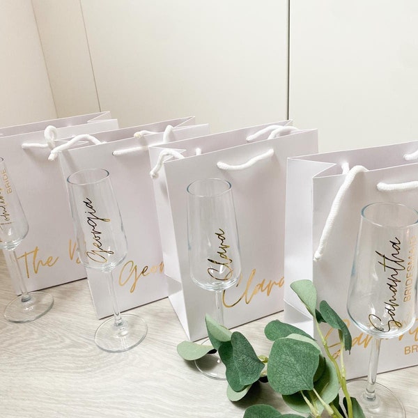 Paar / 3/4/5 + Geschenktüte und Champagnerglas Bundles für Brautjungfern, Braut-Team, Hochzeitstag und Junggesellinnenabschiede