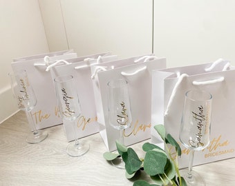 Pair/3/4/5+ Gift Bag and Champagne Glass Bundles for Bridesmaids, Bride Team, Wedding Day and Hen Parties/Weekends