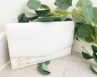 Bride To Be White Clutch Bag with Personalisation Options and Detachable Shoulder Chain/Strap