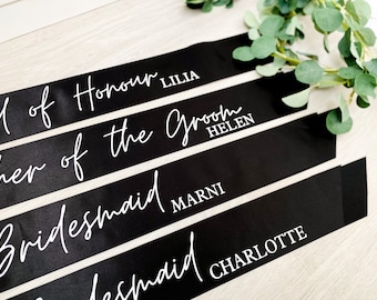 Hen Party Sashes! Personalised with Roles and Names for the Bridal Party - Perfect for a Bachelorette or Hen Weekend. Black Silk Sashes.