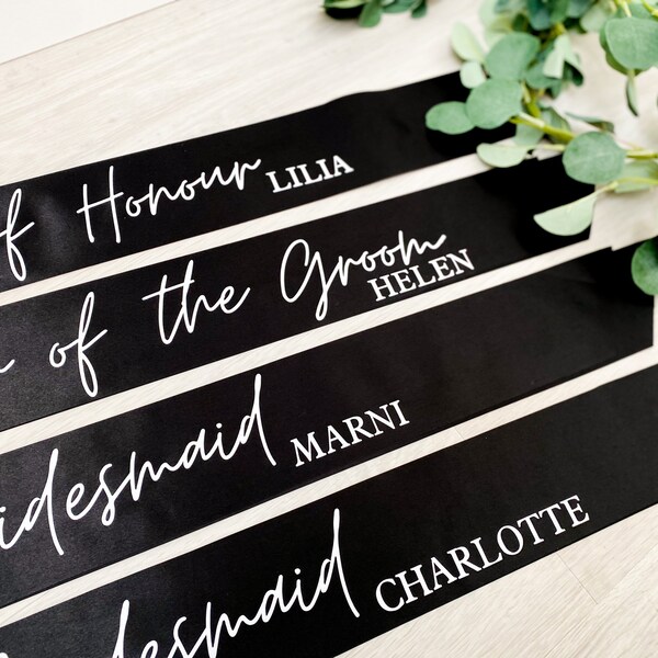 Hen Party Sashes! Personalised with Roles and Names for the Bridal Party - Perfect for a Bachelorette or Hen Weekend. Black Silk Sashes.