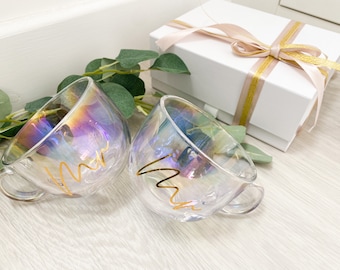 IRIDESCENT Mr + Mrs/Mrs + Mrs/Mr + Mr Cappuccino Mug Gift Set. Ideal Wedding Gift for a Happy Couple. Great for Hot Chocolates too!