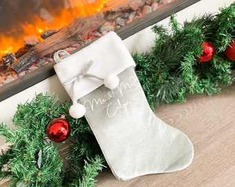 Luxury Personalised Velvet Stocking - Plush Silver Grey and White Christmas Gift Sack for Hanging on Fireplace. Couples Gift for Newlyweds