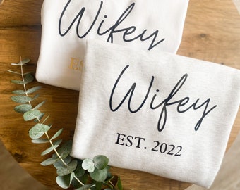 Wifey Sweatshirt - Soft Personalised Honeymoon Jumper with Sleeve Detail, Newlywed Gift Idea with Custom Date Option Supersoft