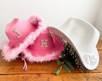 Hen Party Cowboy Hats | Bride to Be, Bridal Party, Bachelorette | Pink Black or White Fluffy Diamanté