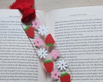 Strawberry Acrylic Bookmark | Book Lover Gift, Chiffon Ribbon