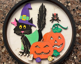 Halloween Sign Svg, Round sign Svg, Spooky door sign, Pumpkin svg for lasers, Laser cut file, Shocked cat svg, trick or treat, Wall decor