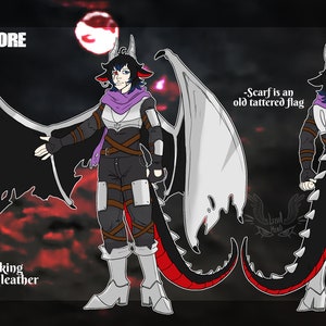 May include: Digital illustration of a character named Scarlet Nevermore. The character has black hair with dark blue tips, a purple scarf, and a black outfit with red accents. The image includes text describing the character's features, such as shiny silver scales and two different eye colors.