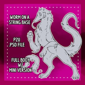 May include: A digital illustration of a worm-like creature with a long neck, paws, and a curled tail. The text "WORM ON A STRING BASE," "P2U .PSD FILE," and "FULL BODY W/ MINI VERSION" are included.