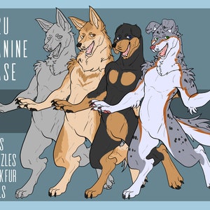 Può includere: Illustrazione digitale di quattro personaggi canini antropomorfi con vari colori e segni del pelo. L'immagine include il testo "P2U CANINE BASE" ed elenca le opzioni per orecchie, musi, pelliccia del collo e code.