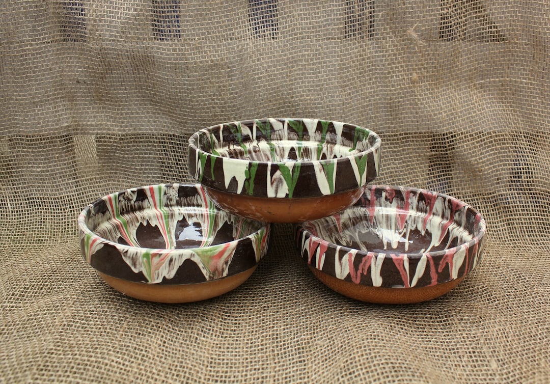 Trio of Antique Romanian Pottery Bowls Rustic Marbled Slipware Etsy