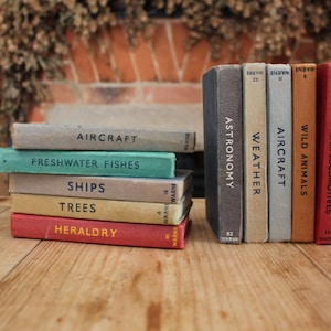 Könnte beinhalten: Ein Stapel alter Taschenbücher mit Titeln wie "Flugzeuge", "Süßwasserfische", "Schiffe", "Bäume" und "Heraldik". Die Bücher sind vertikal angeordnet und alle im gleichen Stil gehalten, mit einem rot-weiß-blauen Farbschema. Die Bücher liegen auf einer Holzoberfläche.