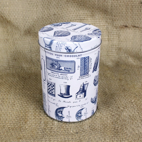 Vintage Blue and White Tin Collectible Biscuit Coffee Tea Storage Retro Kitchenalia Nature Pattern Caddy