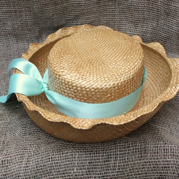 Vintage Straw Weave Pork Pie Hat with Blue Ribbon Farmhouse Boater Country Decor Fashion