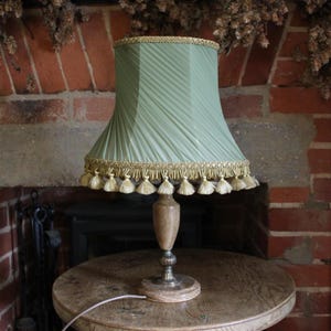Antique Downton Style Onyx Marble Lamp with Green Tassel Fringe Lampshade