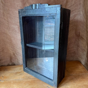 May include: A rectangular wall-mounted cabinet with a dark charcoal finish and a single glass-panelled door. The cabinet features a flat top with a small decorative crest and one interior shelf visible through the clear glass front panel.