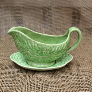 Vintage Beswick Cabbage Leaf Pitcher Boat and Saucer Decorative Ceramic Vegetable Gravy Jug Plate